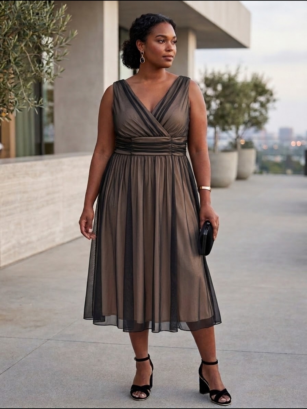 Connected Apparel Dress Womens 22W Black Gold Mesh Sheath Midi NWT Cocktail